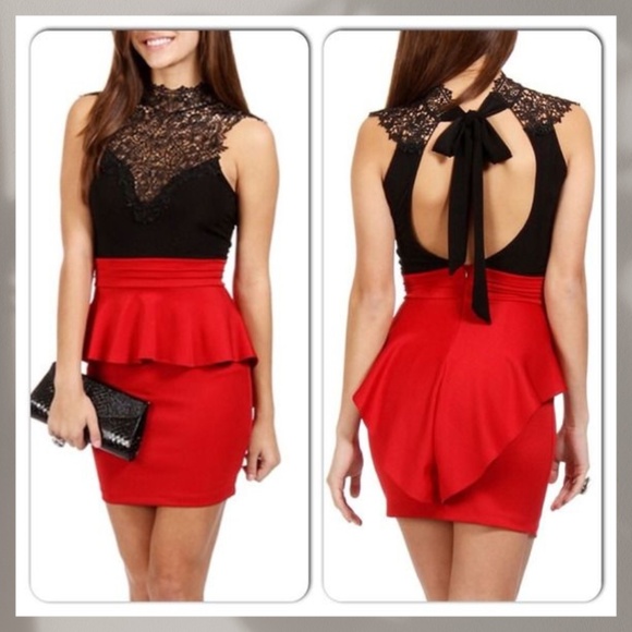 Elegant Black and Red Lace Peplum Dress - Picture 2 of 5